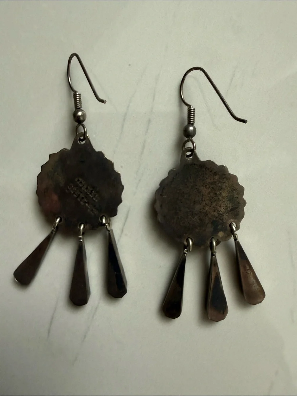 Vintage Native American Crushed Chip Turquoise Inlay Chandelier Silver Earrings